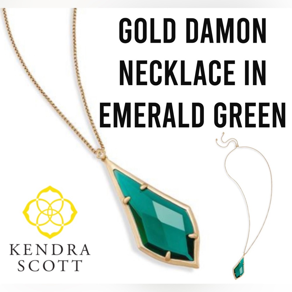 KENDRA SCOTT DISCONTINUED GOLD DAMON NECKLACE IN EMERALD GREEN LONG STATEMENT